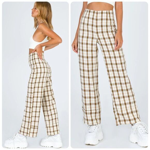 Princess Polly Euros Plaid Wide Leg Pants in Yellow Check | Size 0 - Picture 2 of 9